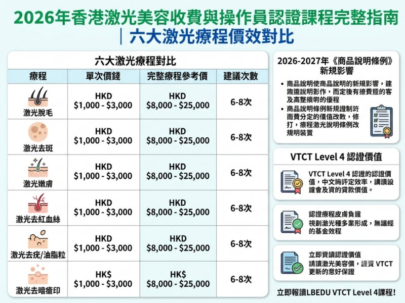 香港激光美容價錢全攻略2026｜脫毛去斑嫩膚收費＋VTCT Skills iTEC認證＋新規影響