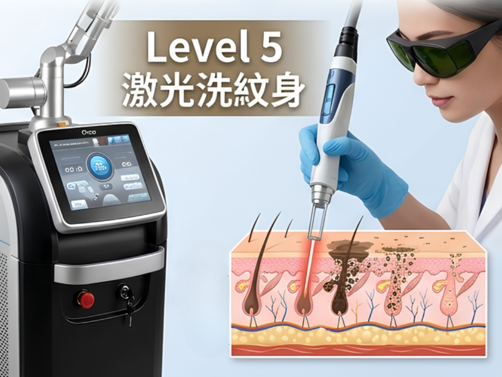 香港輕醫美創業「高端服務」：這張圖聚焦於專業級的 Pico 激光機和 Level 5 激光洗紋身證書，並配合一個顯示色素代謝過程的皮膚結構圖，強調高端項目和高利潤。