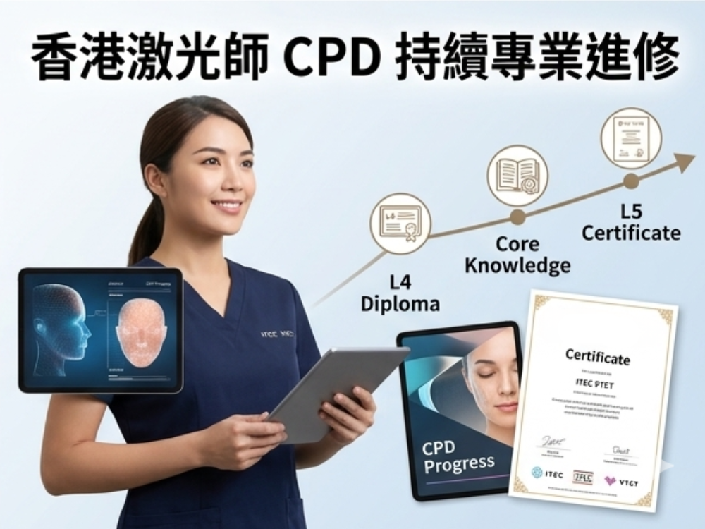 香港激光師 CPD 持續專業進修：這張圖展示了一位自信的專業激光師，手中拿著平板電腦和證書，並配合一個展示其進修路徑的圖示，強調 CPD 持續進修和專家級定位。