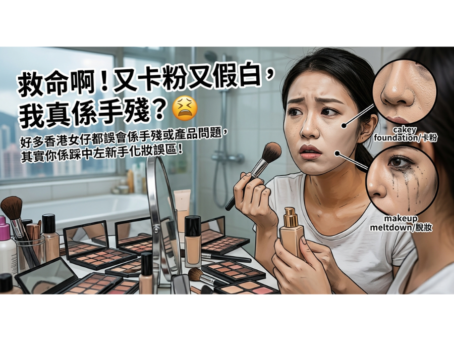 香港女生化妝困擾示意圖 – 展示常見化妝問題如卡粉、假白、脫妝，許多香港女生誤以為手殘或產品問題，實際是踩中新手化妝誤區。