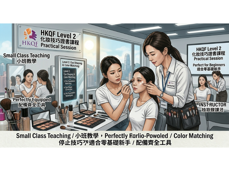 HKQF Level 2 化妝技巧證書課程實操場景 – 小班教學，導師一對一指導學員練習專業化妝技巧，課堂氛圍專注，配備齊全工具，適合零基礎新手。