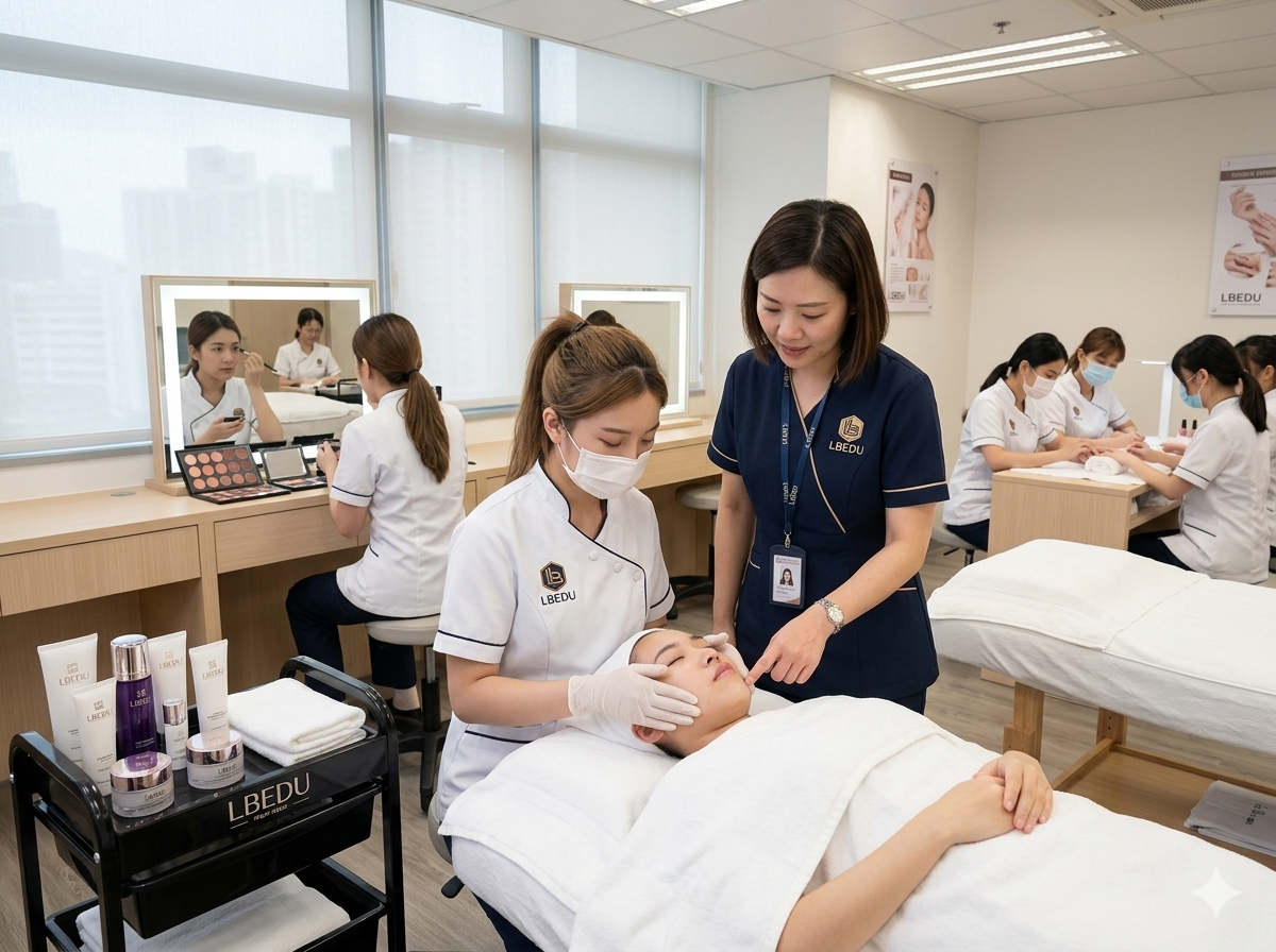 美容課程學員實操練習場景示意圖 – 小班教學環境下，學員進行面部護理、化妝或美甲實操，導師一對一指導，零基礎都能上手。