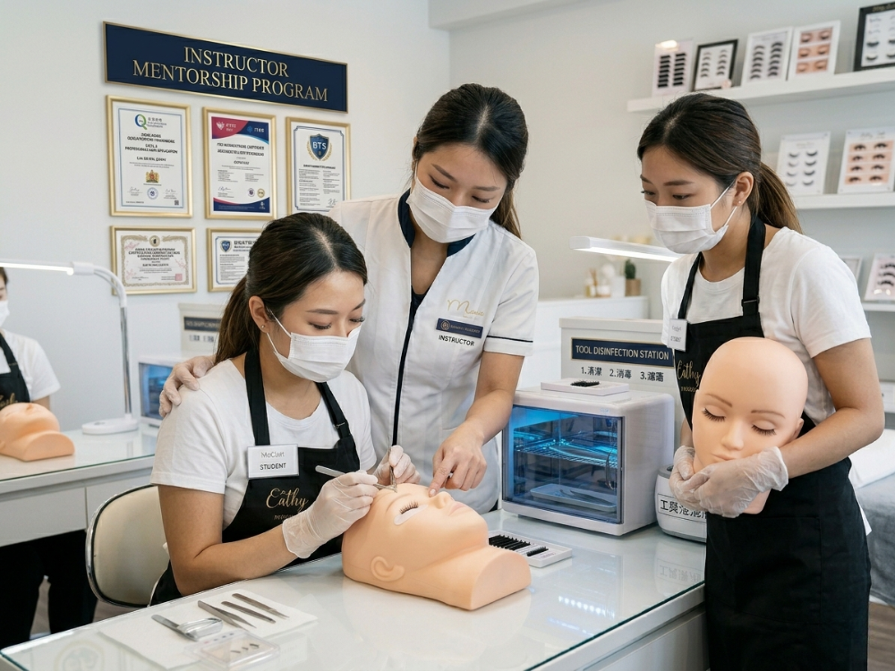 Lash instructor teaching and student work – instructor guiding students to complete lash extensions, showcasing the career upgrade path from technical service to teaching/training.