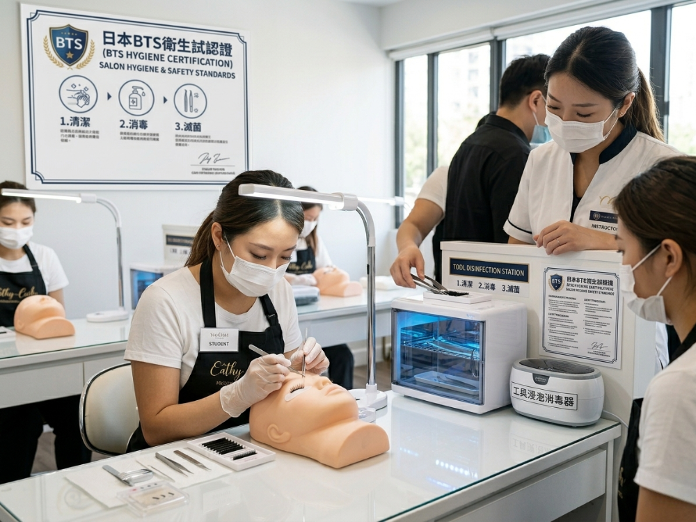 Lash course practice and tool disinfection demonstration – students practising lash extensions while demonstrating professional tool sterilisation procedures, meeting BTS hygiene standards.