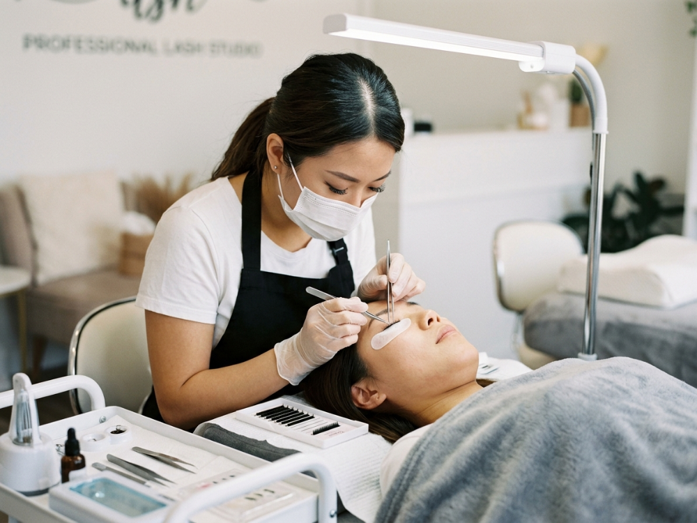 Professional lash artist performing eyelash extension – using professional tools for precise lash application, demonstrating standard hand gestures and procedure, emphasising technical accuracy and client comfort.