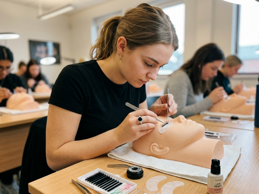 Certified lash artist providing eyelash extension service in a salon – showcasing employment scenarios for full-time, part-time, or studio owners.