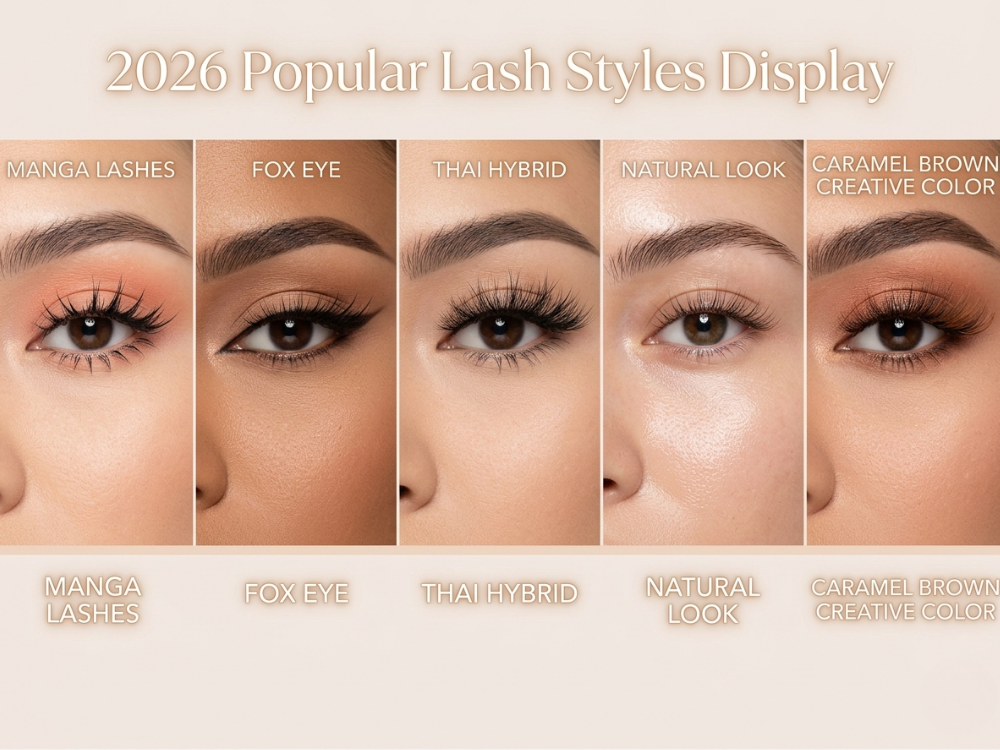 Display of 2026 trending lash styles: manga lashes, fox eyes, Thai wild lashes, natural style, caramel brown creative color.