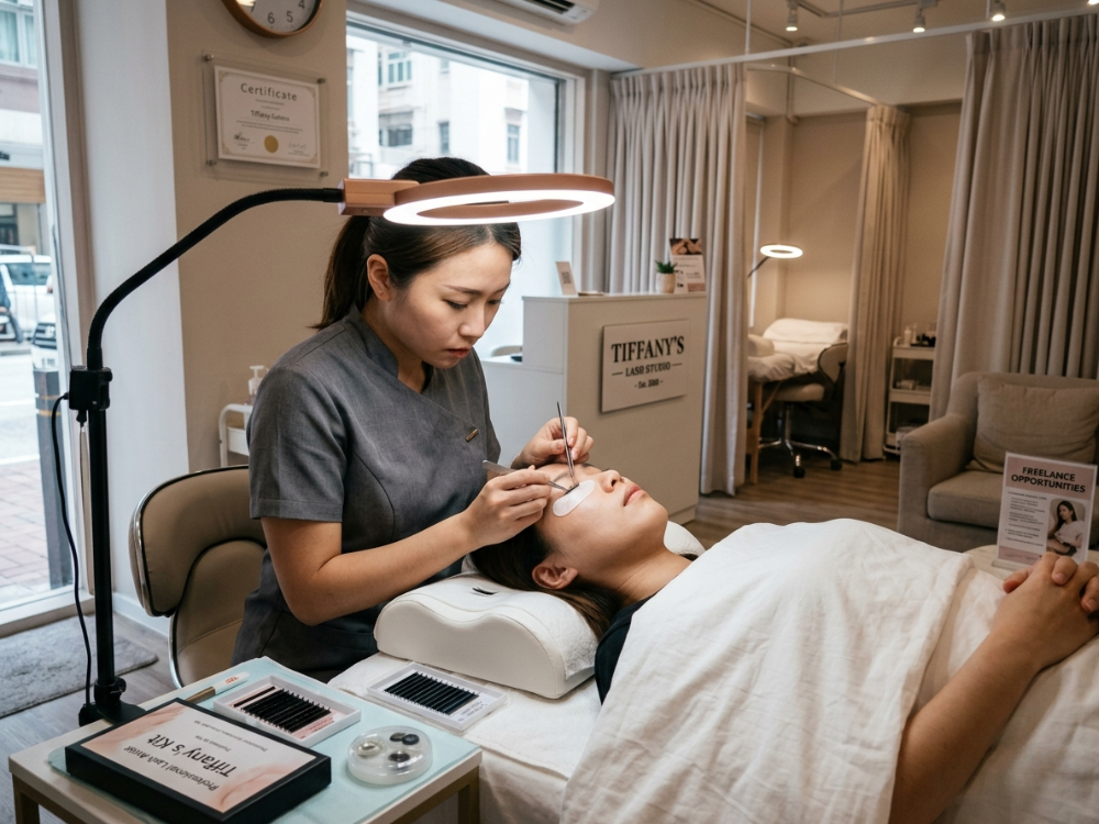 Zero-base student practicing eyelash extension on mannequin head – learning basic techniques like isolation, glue pickup, and placement to build stable hand skills.