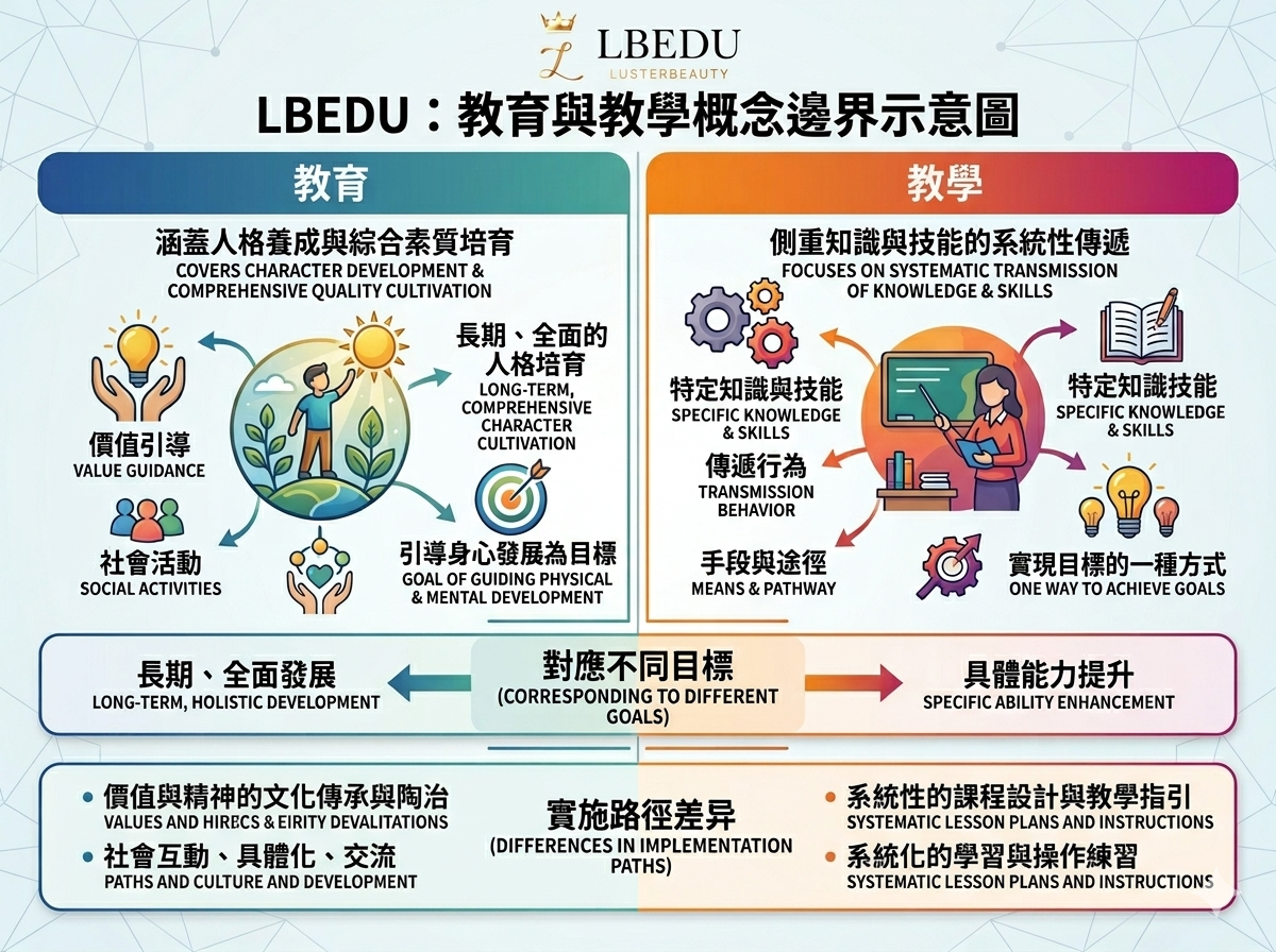 教育與教學概念邊界示意圖 – 展示「教育」（Education）與「教學」（Teaching）分屬不同範疇，教育涵蓋人格養成與綜合素質培育，教學側重知識與技能的系統性傳遞，對應不同目標與實施路徑。