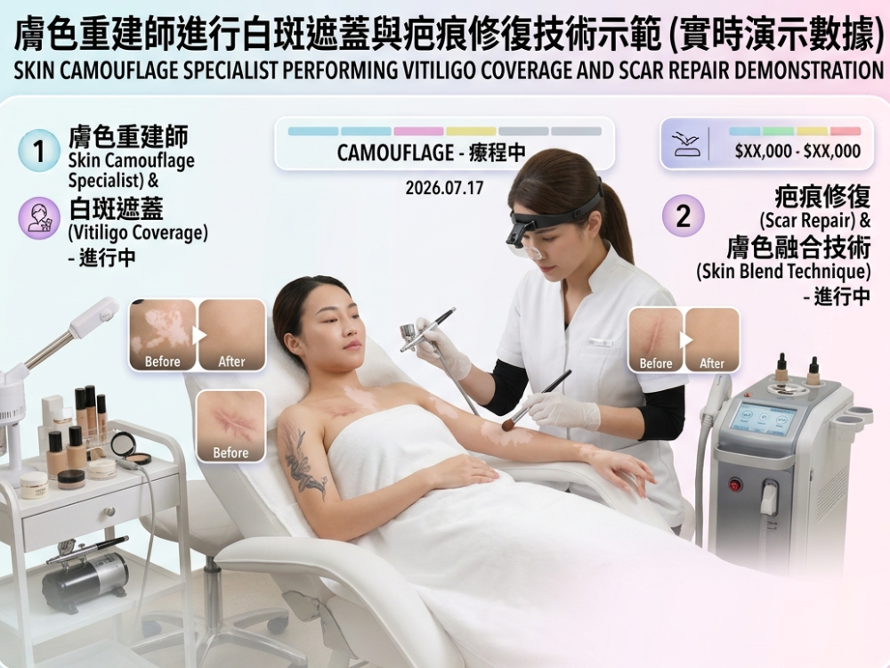Young people's career growth path in the beauty industry - skin tone reconstruction specialist demonstrating vitiligo coverage and scar repair techniques