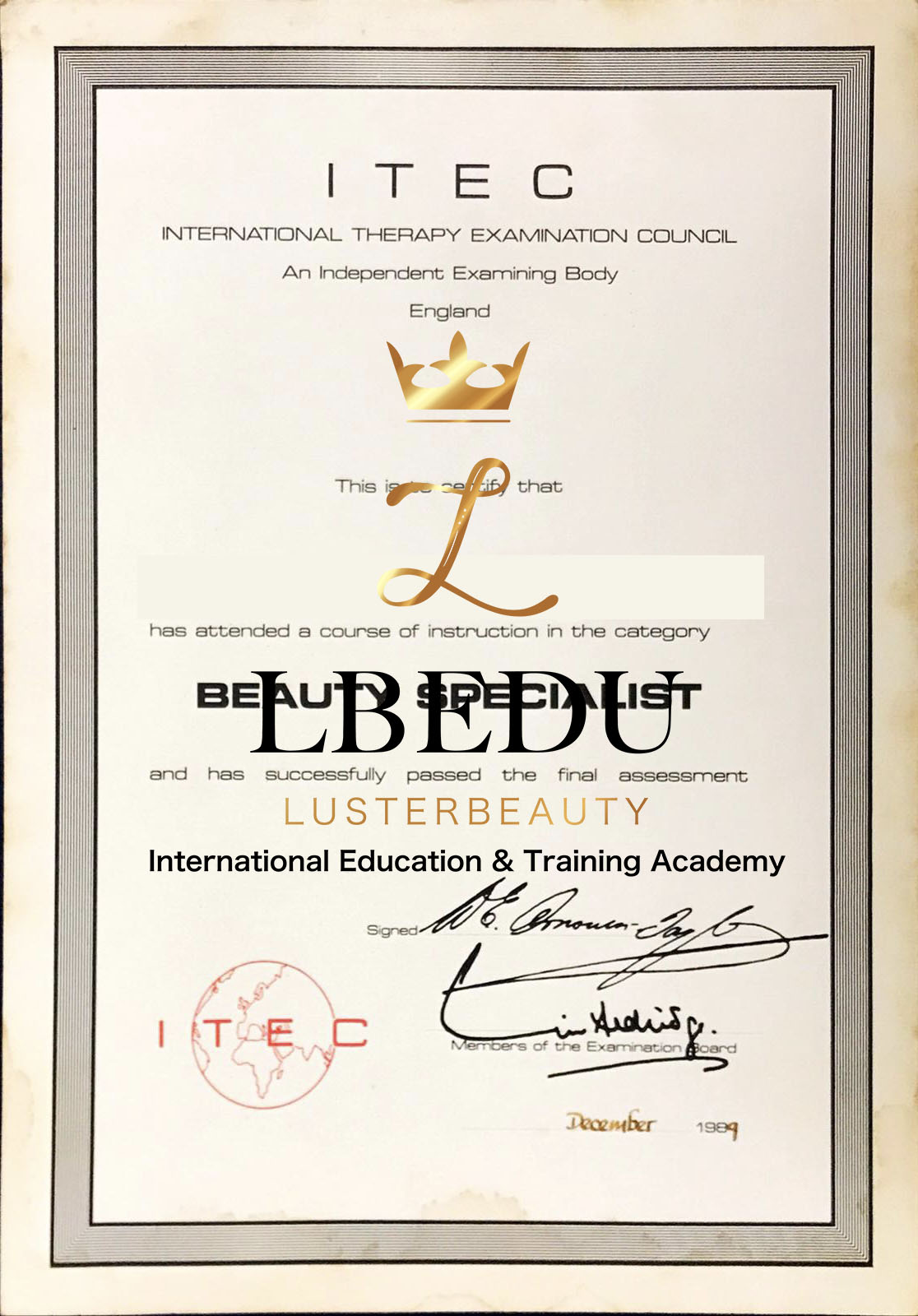 ITEC International Therapy Examination Counicl An Independent Examining Body Since 1989 - Beauty Therapy Qualifications History -1989年iTEC歷史證書 