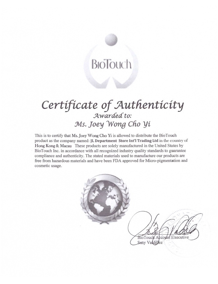 USA BioTouch Certificate of Authenticity and Authorized Distributor - Joey Wong Cho Yi