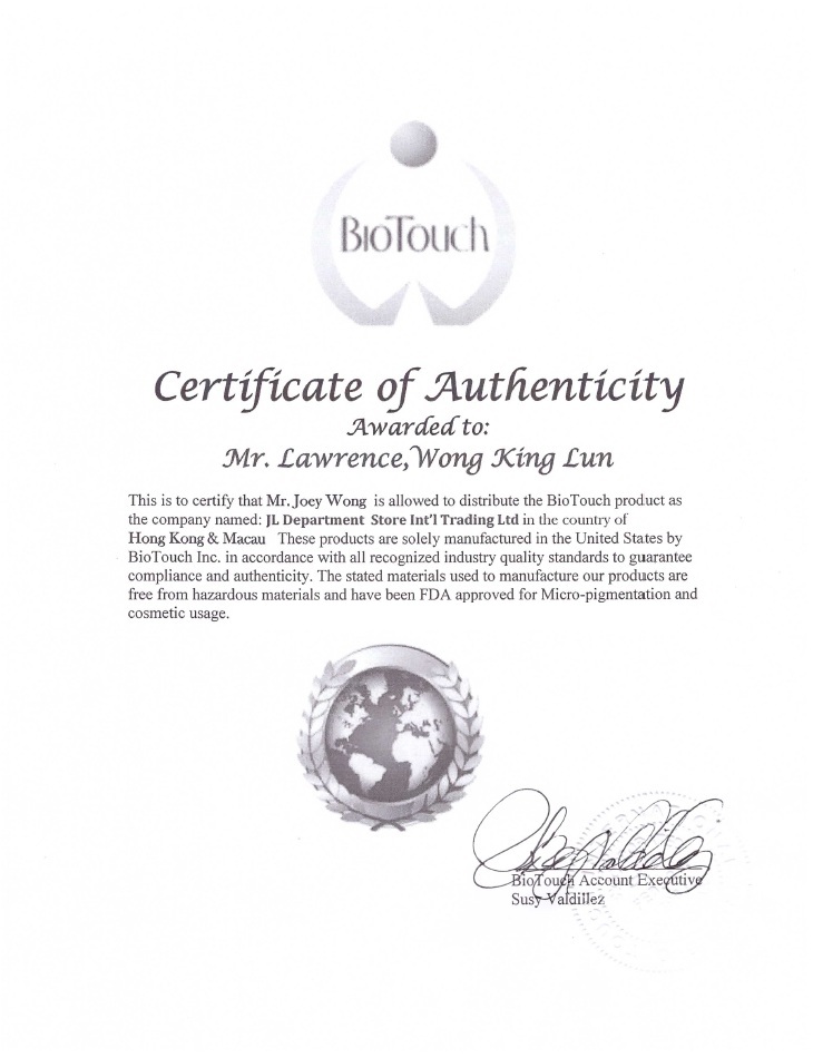 USA BioTouch Certificate of Authenticity and Authorized Distributor - Lawrance King Lun WONG