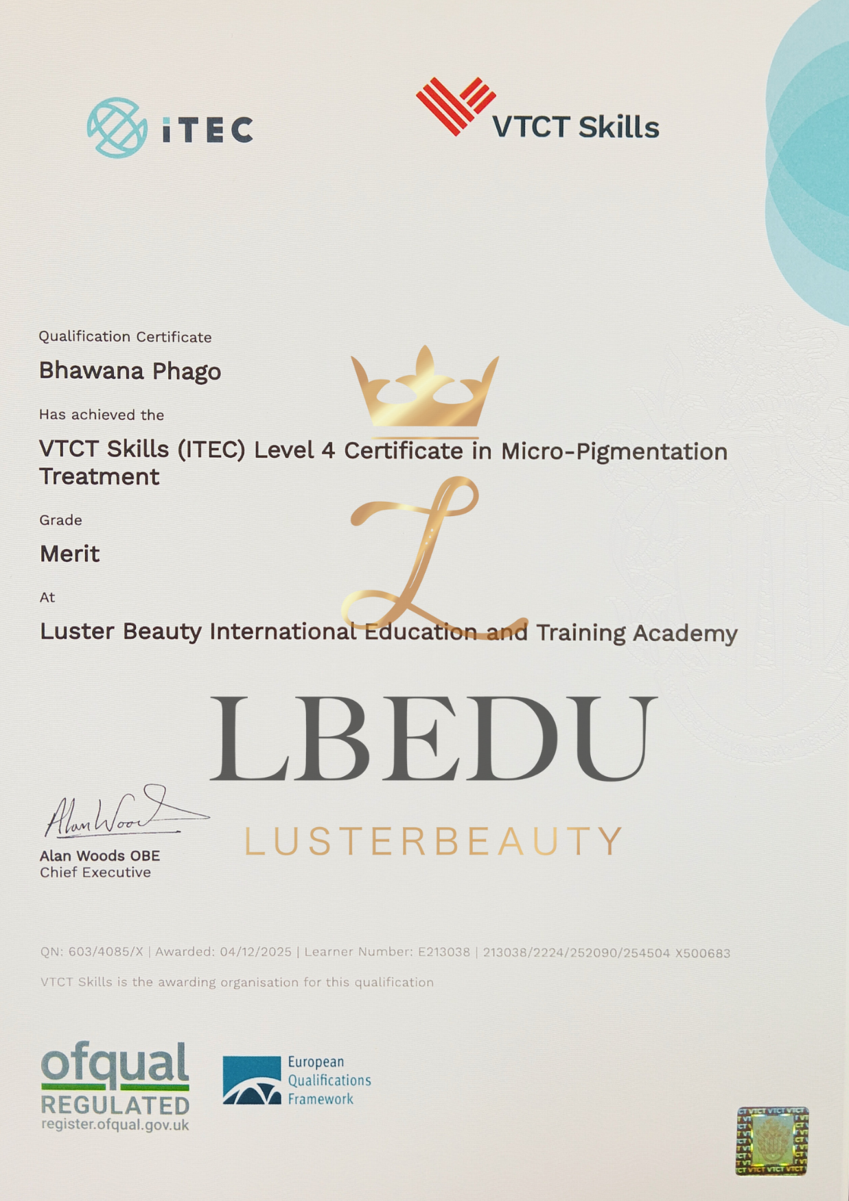 ITEC OFQAUL LEVEL 4 CERTIFICATE IN MICRO-PIGMENTATION SEMI PERMANENT MAKEUP RQF EQF SAMPLE VTCT (iTEC) Level 4 CERTIFICATE 高級半永久化妝紋繡全科國際資歷架構認證課程 RQF EQF