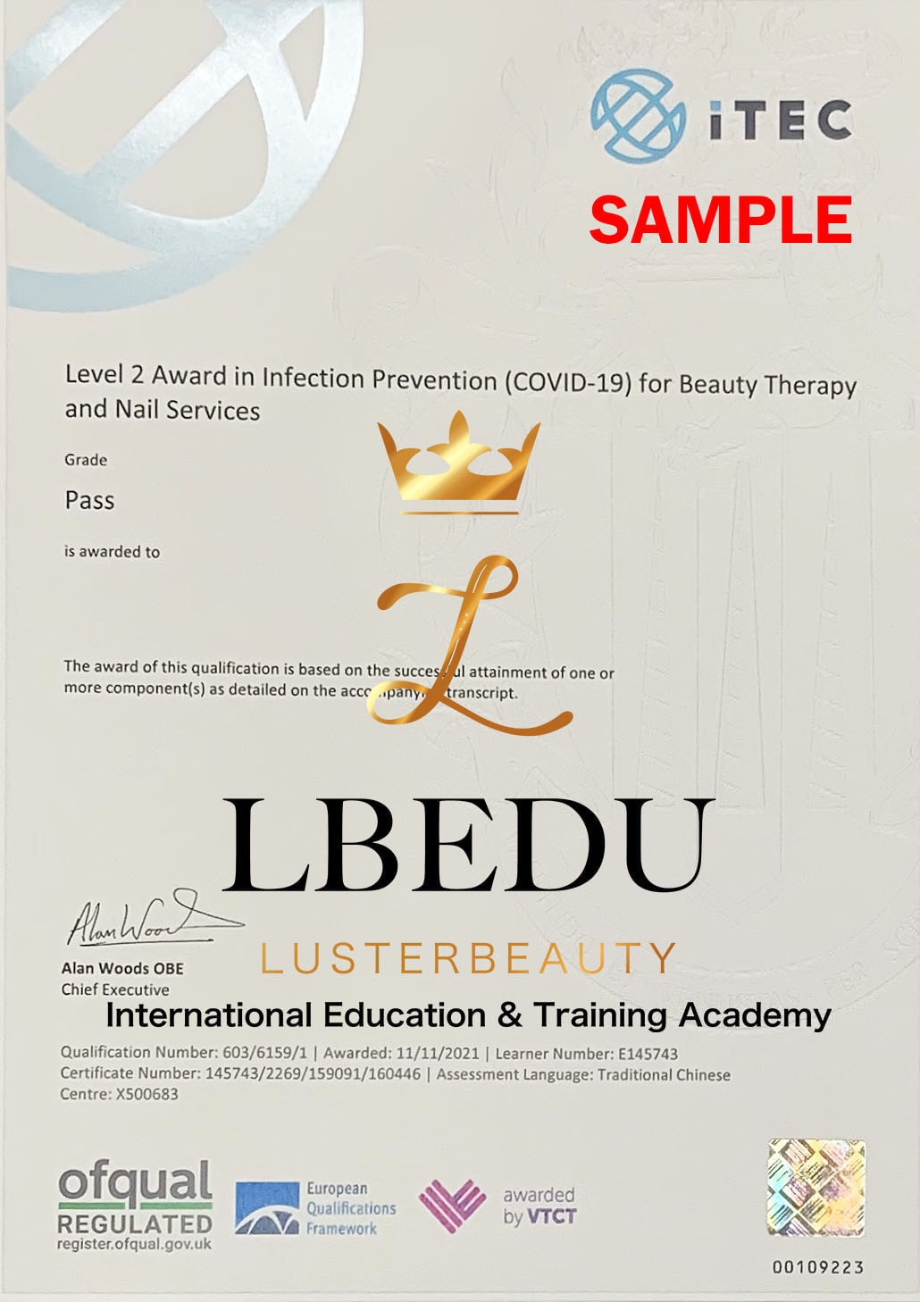 Luster Beauty LBEDU VTCT iTEC Level 2 Award in Infection Prevention (COVID-19) for Beauty Therapy and Nail Services sample certificate