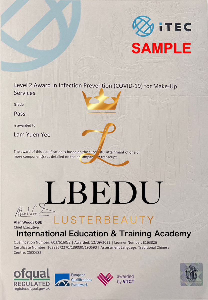 Luster Beauty LBEDU VTCT iTEC Level 2 Award in Infection Prevention (COVID-19) for make-up services sample certificate
