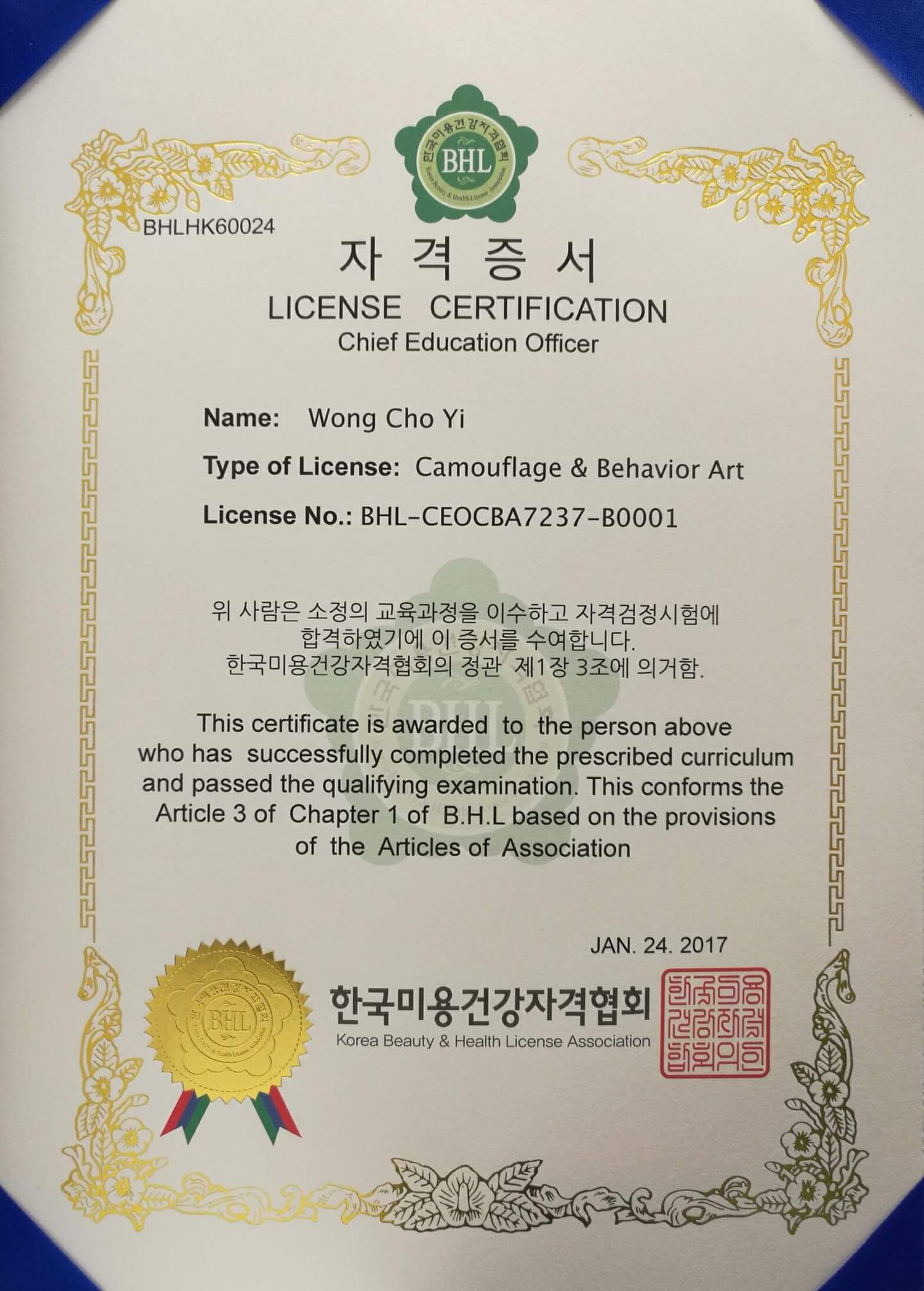 Korea IHOOC BHL IBHGU KOREA Beauty & Health License Association License Certification Chief Education Officer Camouflage & Behavior Art